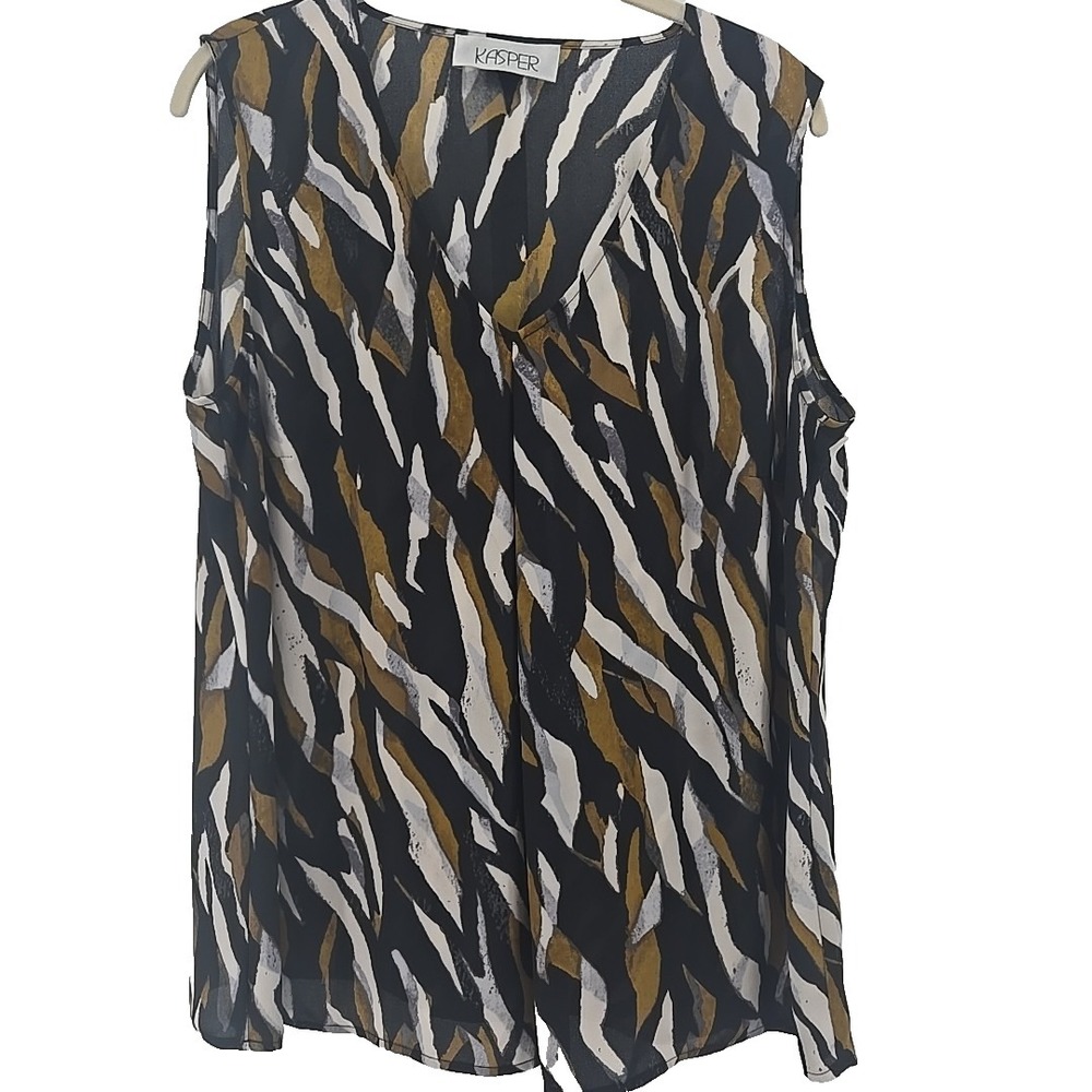 Kasper XL Black Gold Print Chiffon  V-neck Sleeveless Top (Shell)